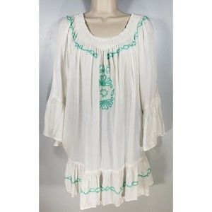 Z & L Europe Womens Peasant Boho Blouse Size FS White w/ Mint Green Embroidery